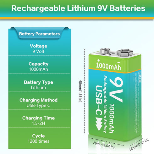 volkate 9V 4 Pack 1000mAh 9 6F22 Rechargeable Batteries for Smoke Detector, Volt Lithium Square Battery with USB-C
