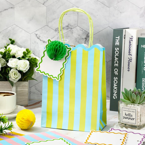 Summer 16 Set FYSUIMU Spring Stripe Paper Bag with Honeycomb Ball and Tag Scalloped Treat Bags with Handles Candy
