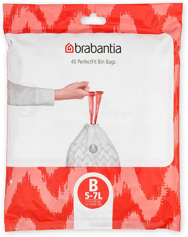 Brabantia PerfectFit Trash Bags, Size B/1.3 Gal, Thick Plastic Liners with Drawstring Handles, 40 Bags