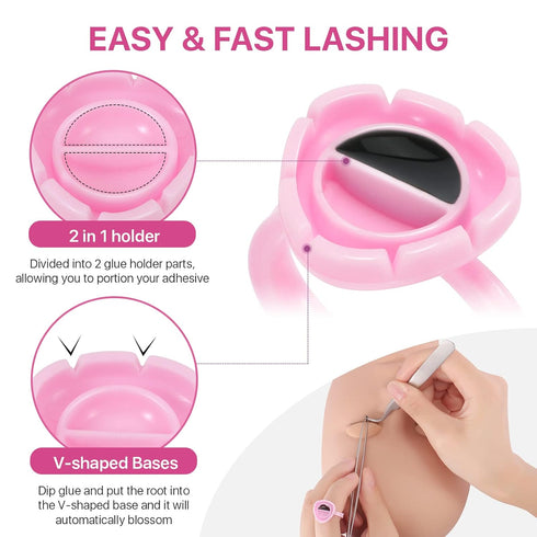 Pretty Memory Glue Rings for Eyelash Extensions, 100PCS Blooming Lash Glue Holder, Pink Volume Fanning Cup
