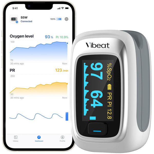Vibeat Bluetooth Fingertip Pulse Oximeter, Blood Oxygen Saturation Monitor with Finger O2 Meter, Batteries, Lanyard