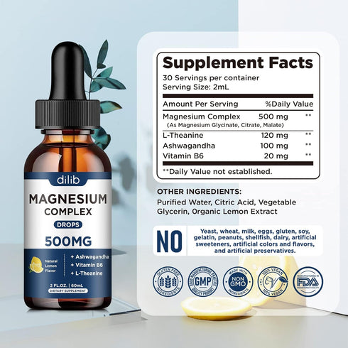 Triple Magnesium Complex Supplement - Liquid Magnesium Glycinate, Citrate, Malate 500mg with Ashwagandha & Vitamin B6
