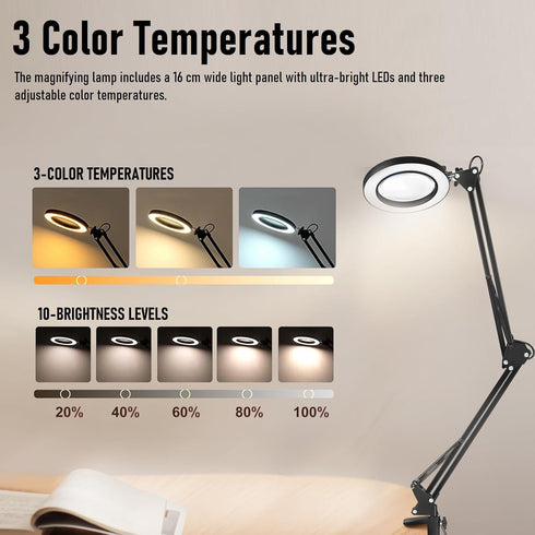 Teiulon 10X 3 360 Magnifying Lamp with HD Glass Lens | Color Temperatures, Adjustable Arm, Metal Clamp & Stand | LED