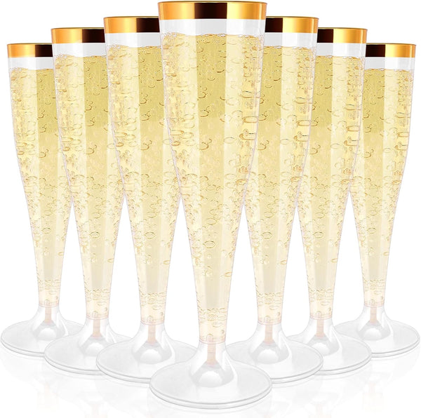 RAIHOMKIT 50 Pack Plastic Champagne Flutes Disposable, Gold Rim Champagne Glasses, 4.5 Oz
