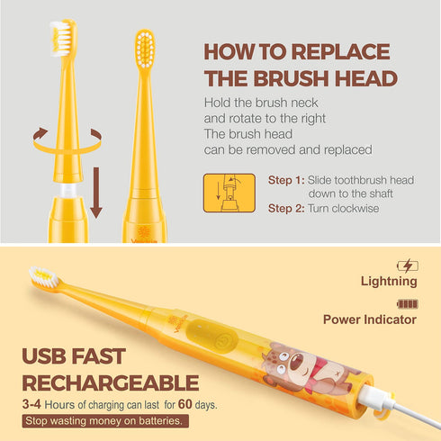 Vekkia Sonic Rechargeable Kids Electric Toothbrush, 3 Modes, 24000 Strokes, IPX7 Waterproof, 2-Min Timer, Yellow