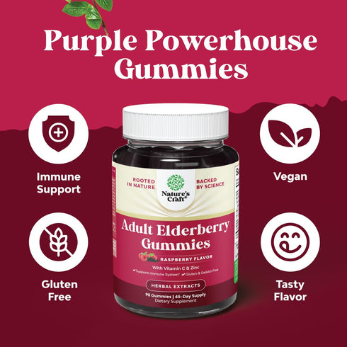 Elderberry Vitamin C and Zinc Gummies - Advanced Immune Booster for Adults, Vegan Halal (90ct)