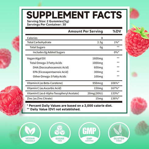 Omega-3 Gummies 1000mg, 3 600mg 300mg 60 Count Vegan Omega Fish Oil Alternative for Adults, Algae-Based DHA & EPA +