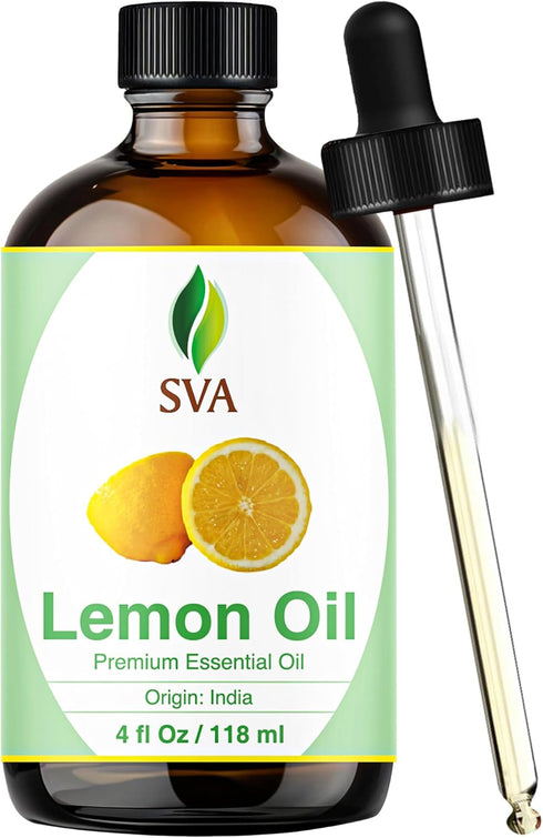 SVA Lemon Essential Oil – 4 Fl Oz – 100% Natural for Diffuser, Hair Care, Skin Care, Aromatherapy, with Dropper