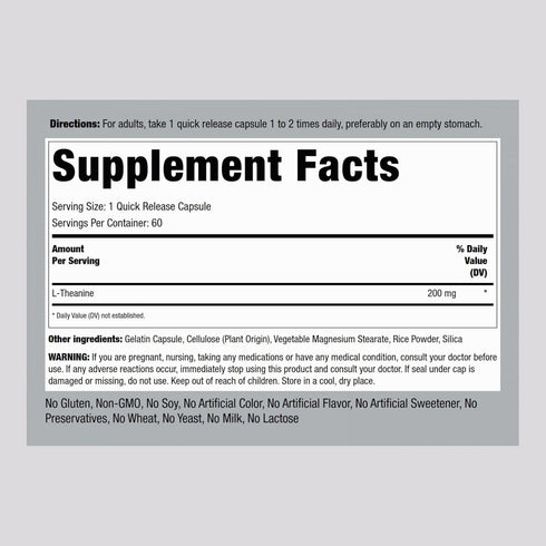 Piping Rock L Theanine 200mg Capsules | 60 Count | Non-GMO & Gluten Free Supplement