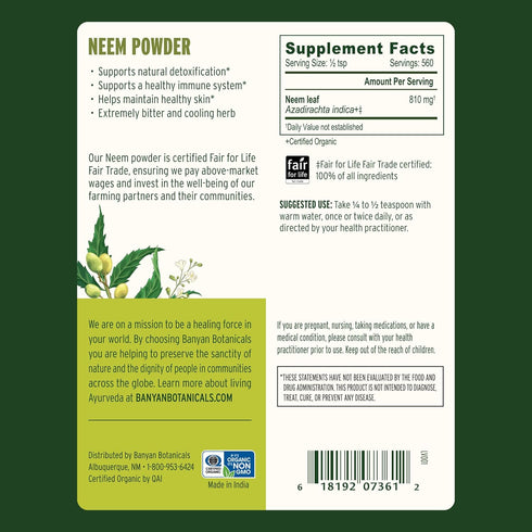 Immune 1 lb. Banyan Botanicals Neem Powder Organic Neem Leaf Supplement (Azadirachta Indica) for Skin Health, Support