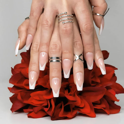 Hypnaughty 24 Pcs Modern White French Coffin Press On Nails with Design, Glue, Medium Long, Nude Color