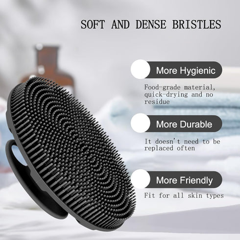 INNERNEED Food-grade Soft Silicone Body Scrubber - Handheld Cleansing Skin Brush for Gentle Exfoliating (Black)