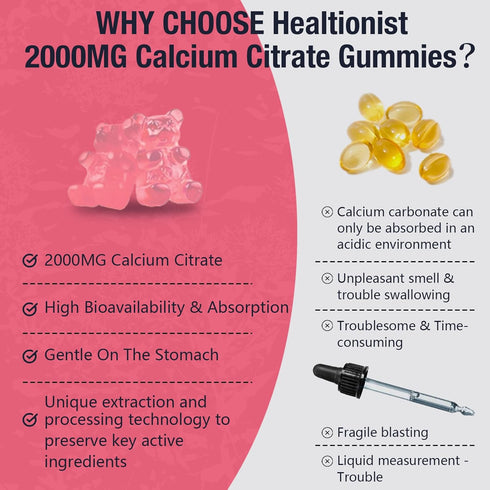 Healtionist 2 Packs 2000mg D3 K2 Gummies Immune 120 Counts Gummies Calcium Citrate with Vitamin Supplements for Women