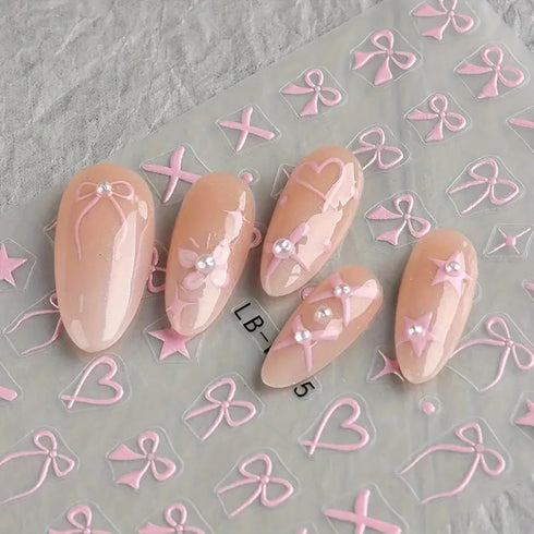 Heart Bows Nail Art Stickers Decals, 4 Pcs, White Red Pink Bow Tie Nail Design, Valentine's Day Nail Supplies