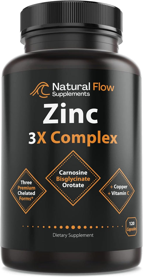Zinc Supplement Complex with Copper and Vitamin C - Natural Flow 3X Zinc Carnosine, 120 Capsules, Immune Support