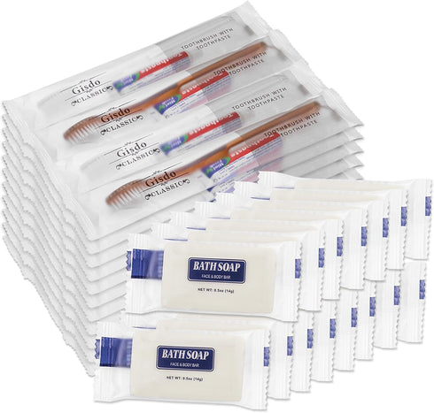 30 Pack Disposable Toothbrushes with Toothpaste and Soap, Individually Wrapped, 30 pcs Toothbrushes (2 Colors)