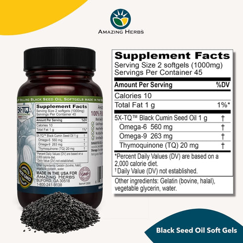 Amazing Herbs Premium Black Seed Oil Capsules - Gluten Free, Non-GMO, Cold Pressed Nigella Sativa, 90 Count, 500mg