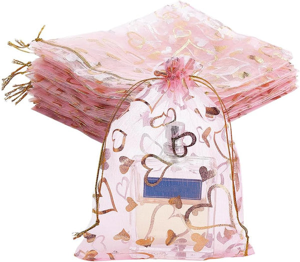 PH PandaHall 5x7 Inches Heart Organza Bags, 100pcs Pink Gift Bags for Jewelry and Wedding Favors