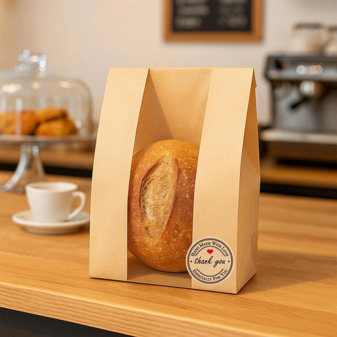 WOFEIS 25 13.7x8.3x3.6 inch(25) Pcs Large Paper Bread Bags for Homemade Bread, Kraft Paper Bakery Bags with Clear