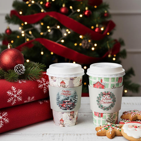 Jingmore 48 Pack 16 oz Christmas Disposable Coffee Cups with Lids and Sleeves Christmas Paper Hot Cups Xmas Party