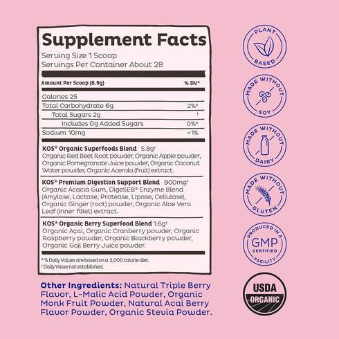 KOS Reds Superfood Powder for Antioxidants, USDA Organic Beet Root, Goji Berries, Acai, Pomegranate, 28 Servings