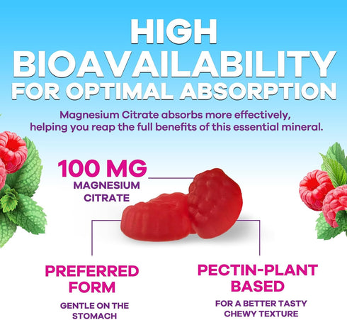 Magnesium Gummies Supplement, High Absorption Magnesium Citrate for Adults & Kids, 60 Gummies for Health Support