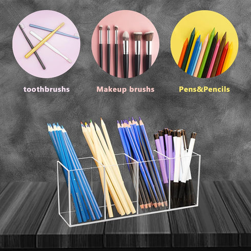 QPEY Acrylic Pen Holder Organizer with 4 Compartments, Clear Makeup Brush Holder for Office Desk Accessories