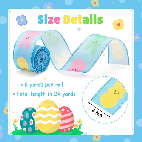 4PCS Easter Spring Pastel Wired Ribbon Rolls, Easter Bunny Wired Edge Ribbons, Decorative Wrapping Ribbons for Gift, Easter Colorful DIY Craft Ribbons, Easter Fabric Ribbon Decor, 24 Yards by H1vojoxo