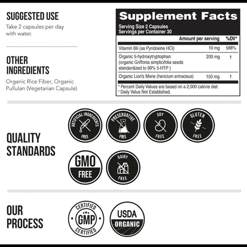 Organic 5-HTP 200 mg with Vitamin B6 & Lion’s Mane, 60 Capsules, Supports Mood, Cognition & Sleep