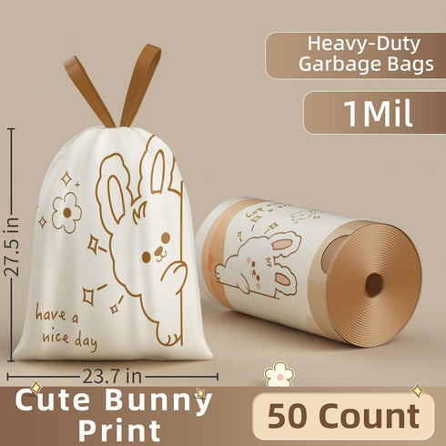 YUA 13 50 Count 13 Gallon Trash Bags Drawstring, Tall Kitchen Trash Bags, Sturdy Large Trash Bags, Cute Rabbit Printed