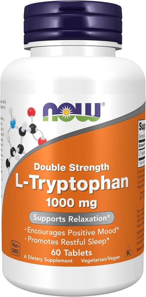 NOW Supplements L-Tryptophan 1,000 mg, Double Strength, Encourages Positive Mood*, Supports Relaxation*, 60 Tablets