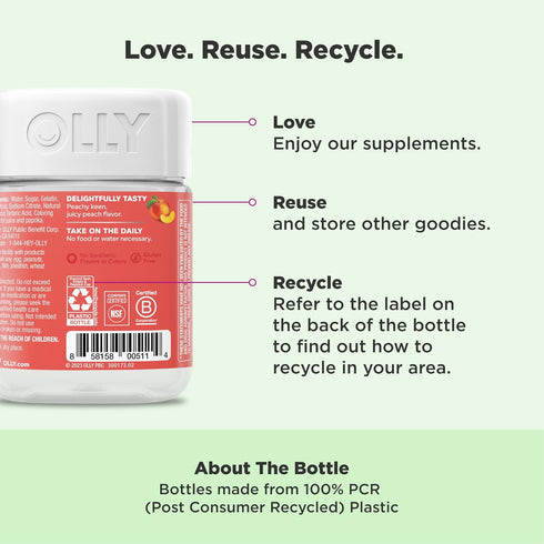 Gummy, 500 30 30 Count OLLY Probiotic + Prebiotic Million CFUs, FOS, Adult Chewable Supplement for Men and Women, Peach