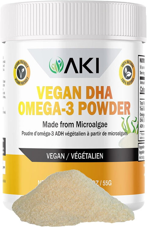 AKI Omega 3 DHA Micro Algae Powder Supplements, 1.94 Oz / 55G - Plant-Based Keto Vitamin for Inflammation, Vegan &