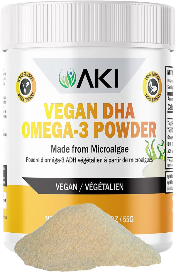 AKI Omega 3 DHA Micro Algae Powder Supplements, 1.94 Oz / 55G - Plant-Based Keto Vitamin for Inflammation, Vegan &