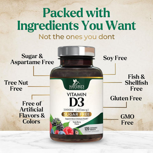 Vitamin D3 5000 IU Chewable for Bone, Teeth, Muscle & Immune Support, 120 Chewable Tablets