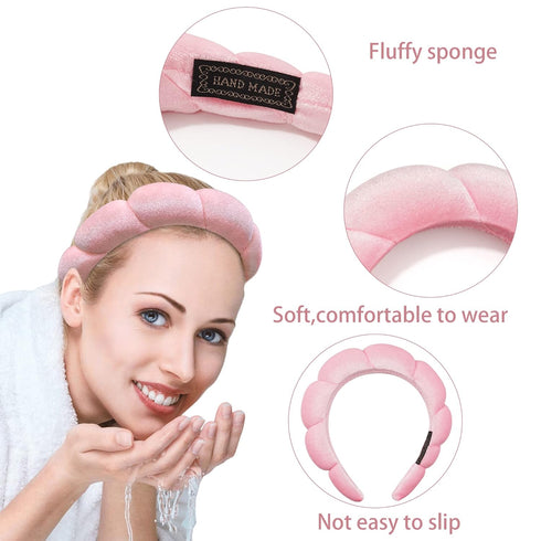 Ayesha Spa Headband for Women, Sponge Headband for Washing Face, Soft Hairband for Skincare Makeup (Pink)
