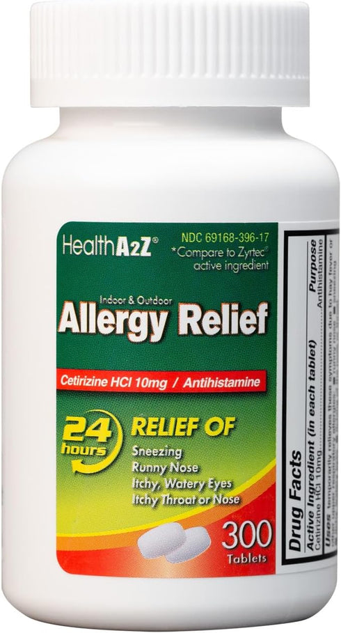 HealthA2Z Allergy Relief, Cetirizine 10mg, Dye Free, All Day Allergy Relief, Indoor