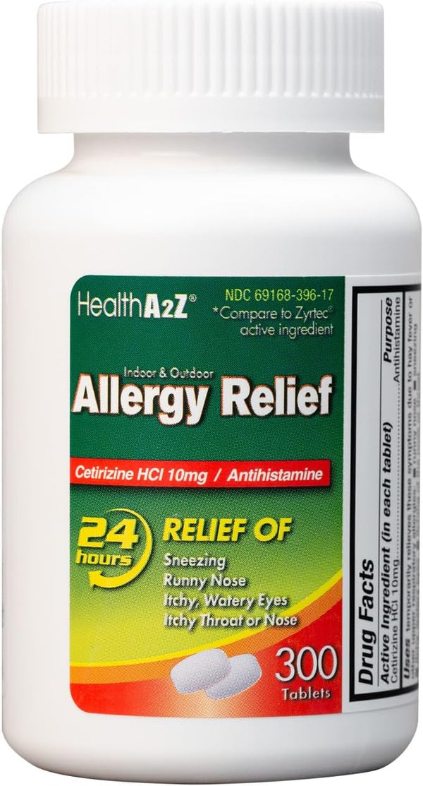 HealthA2Z Allergy Relief, Cetirizine 10mg, Dye Free, All Day Allergy Relief, Indoor