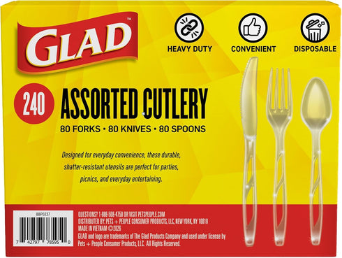 Set 240 Count Glad Clear Disposable Cutlery with Heavy Duty Plastic Forks, Knives, and Spoons, Reusable Dishwasher Safe
