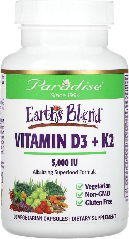Paradise Herbs Earth's Blend Vitamin D3 + K2, Superfoods Base of Probiotics, Organic Alkalizing Greens, Veggies &