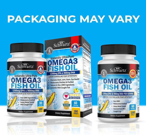 Triple Strength Omega 3 Fish Oil Supplement - 2250mg EPA DHA from Wild Caught Fish for Joint & Brain Health - 180