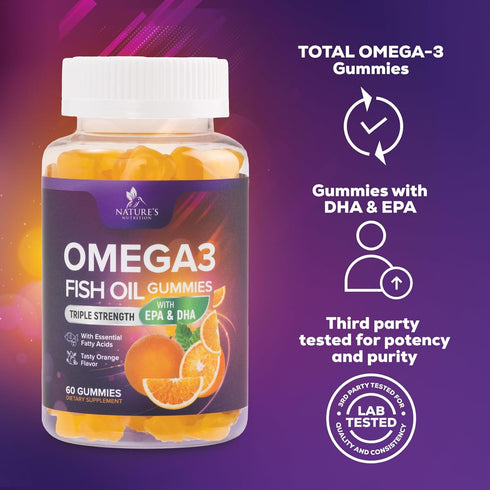 Omega 3 Gummies for Adults, Omega-3 Fish Oil for Heart Support, 60 Gummies