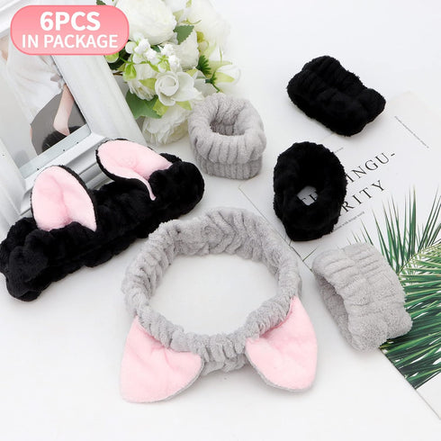 6 Pcs Spa Headband Face Wash and Wristband Set, Cute Cat Ears Plush Makeup Skincare Headbands
