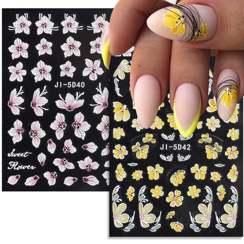Flower Nail Art Stickers Decals - 5D Embossed Spring Design in Yellow, Pink, and White for Nail Decorations
