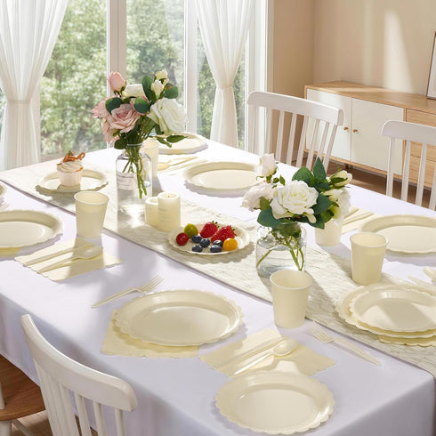 Set 350PCS (50 7"&9" 9oz Goodluck Ivory Scalloped Disposable Tableware - Guests), Plates, Cups, Napkins, Cutlery, Food