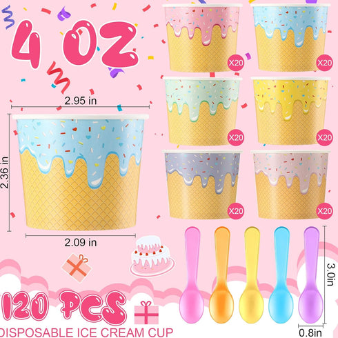 Jingmore 120 Set 4 oz Summer Paper Ice Cream Cups Bulk with Spoons Disposable Sundae Bowls Colorful Paper Dessert Cups