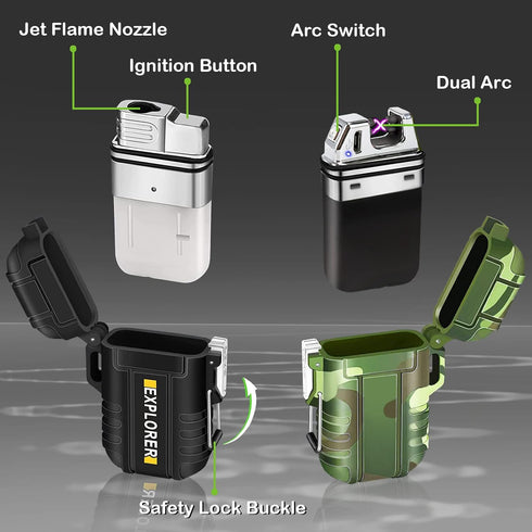 2 Pack Waterproof Lighter, Outdoor Windproof Dual Arc Butane Electric USB Rechargeable Flameless Plasma Lighter