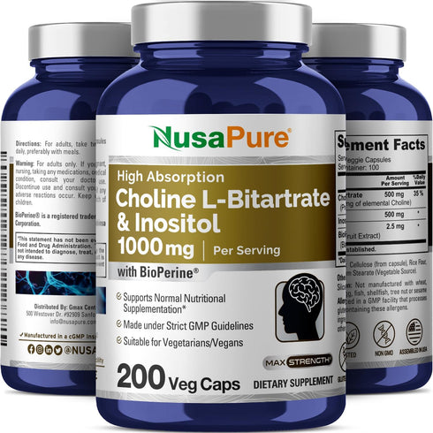 NusaPure Choline & Inositol 1000mg, 200 Veggie Caps (100% Vegetarian, Non-GMO)