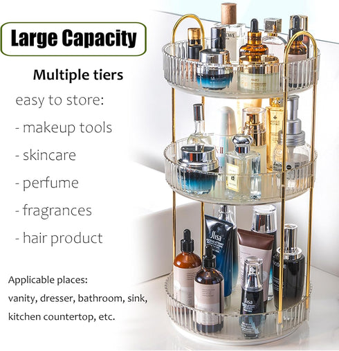 Rotating Makeup Organizer - 3 Tier Lazy Susan Trays for Skincare and Perfume, Transparent Bathroom Counter Organizer