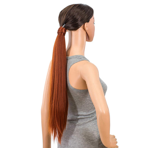 SWACC Women Long Straight/Curly Wavy Wrap Around Ponytail Extension, Synthetic Hair Piece Clip in Dark Copper Red